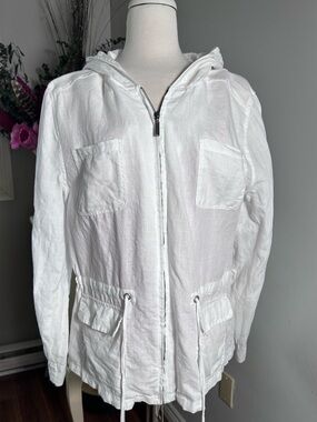 Cynthia Rowley White 100% Linen Hooded Utility Jacket Size XL Cargo Safari
